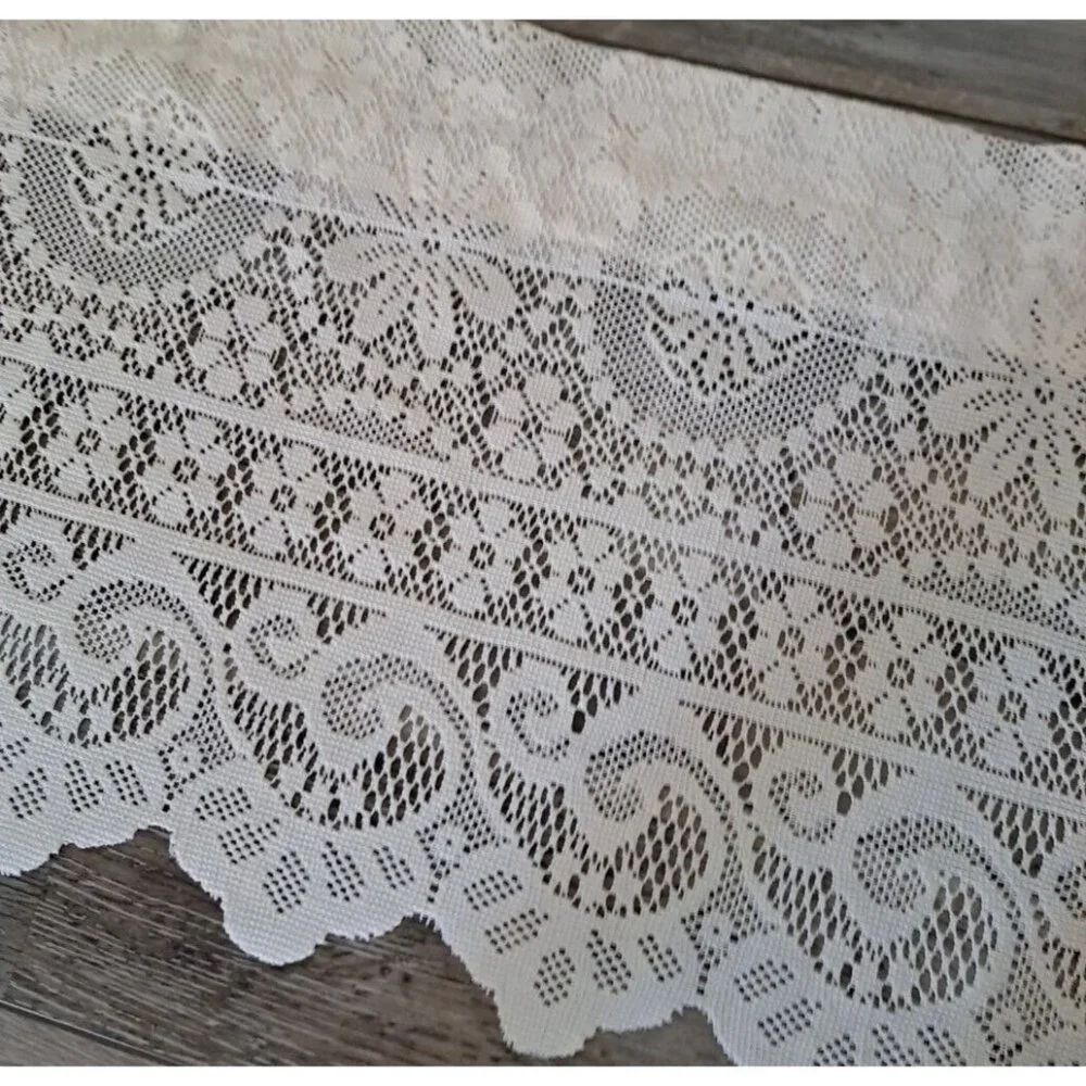 Knit Lace Window Valance Ivory Granny Floral Waves Cottagecore Victorian 57x14